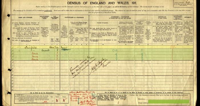 Fairfield family 1911 spoiled census form