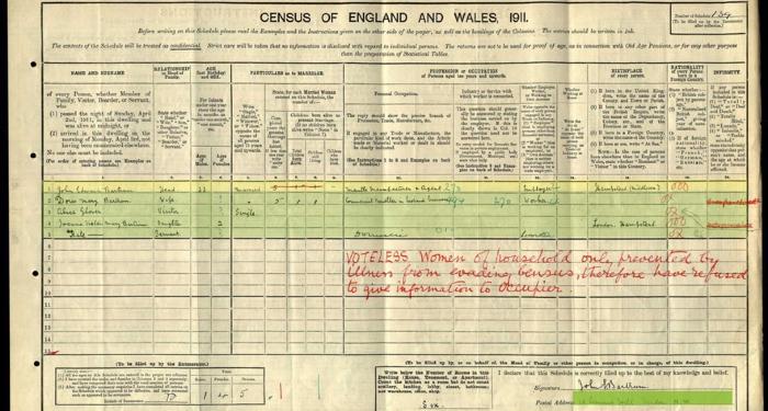 Doris Mary Bartrum 1911 spoiled census form