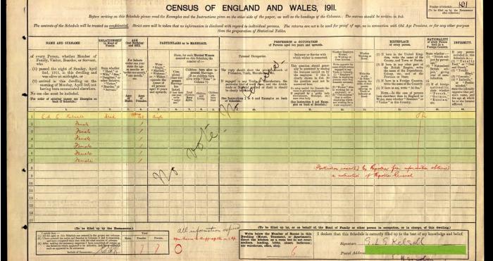 Miss E L E Kelsall 1911 spoiled census form