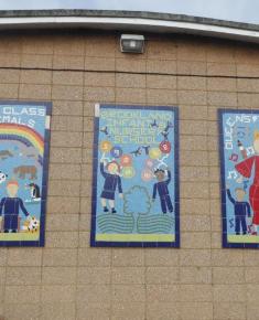 Queen's Golden jubilee 3 mosaics on side of Infant school 2002