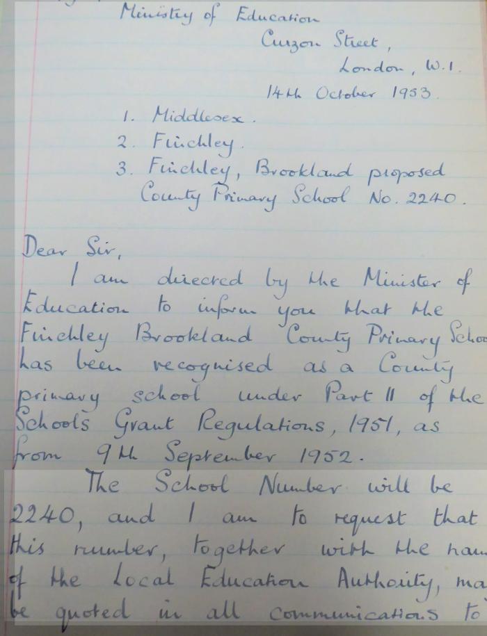 Oct 1953 copy of letter registering School from 9.9.1952, 2 pages