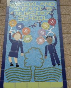 Queen's Golden jubilee mosaic on side of Infant school 2002