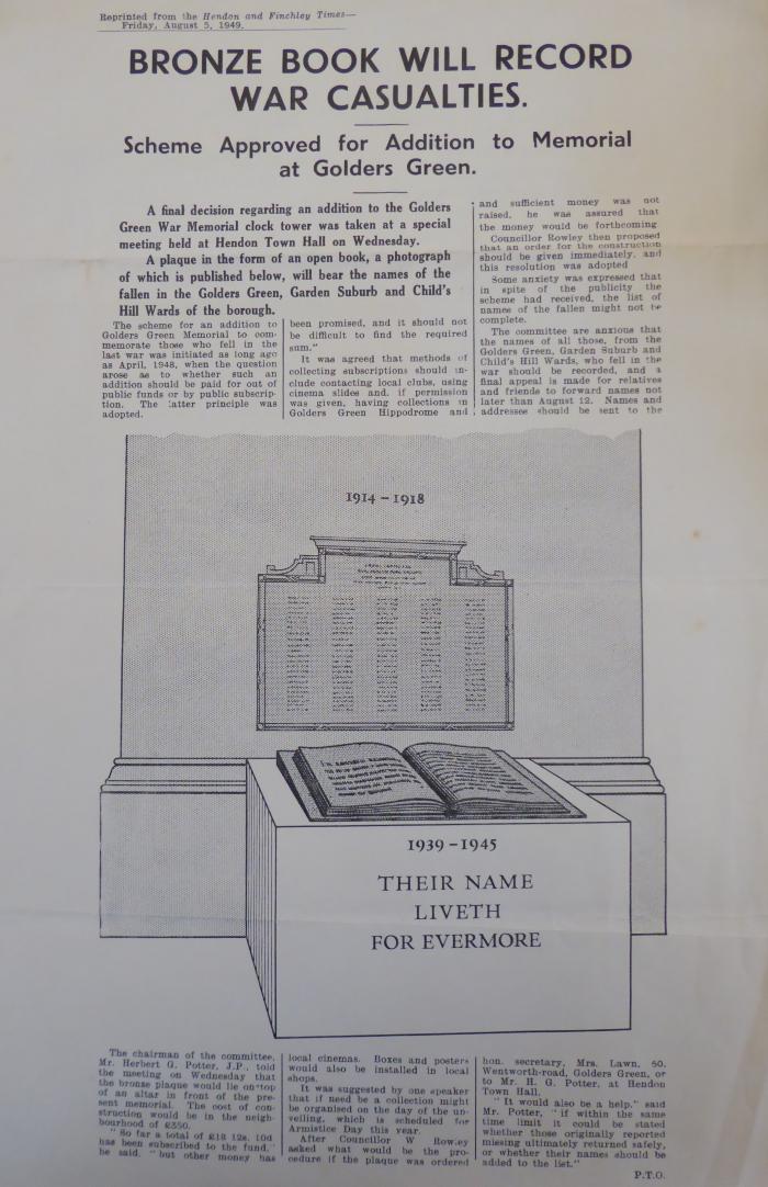 Leaflet proposing additional Memorial to the Fallen at Golders Green