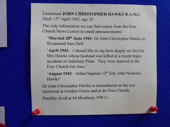 Free Church Memorial display for The Fallen in WW2 - John Christopher Hawks