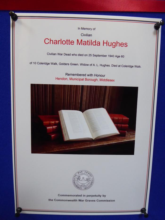 Free Church Memorial display for The Fallen in WW2 - Charlotte Matilda Hughes
