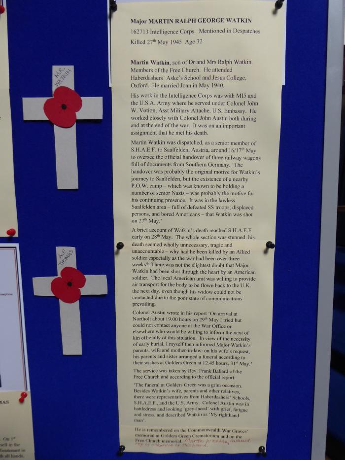 Free Church Memorial display for The Fallen in WW2 - Martin Ralph George Watkin bio1