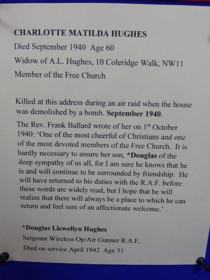 Free Church Memorial display for The Fallen in WW2 - Charlotte Matilda Hughes bio