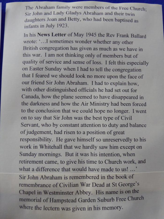 Free Church Memorial display for The Fallen in WW2 - Sir John Bradley Abraham bio1
