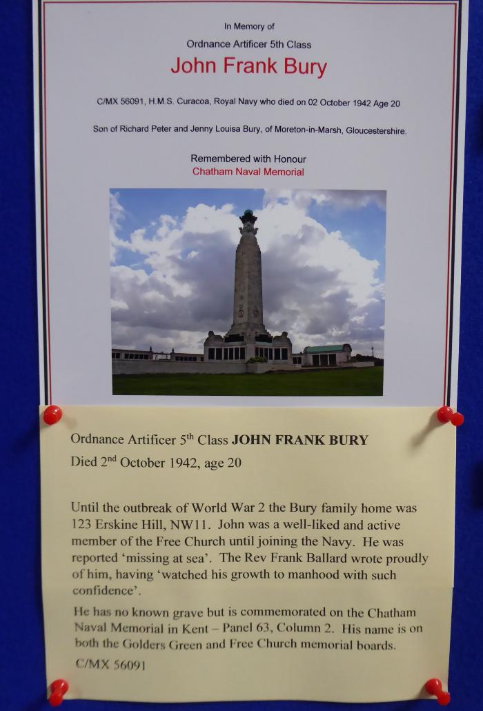 Free Church Memorial display for The Fallen in WW2 - John Frank Bury