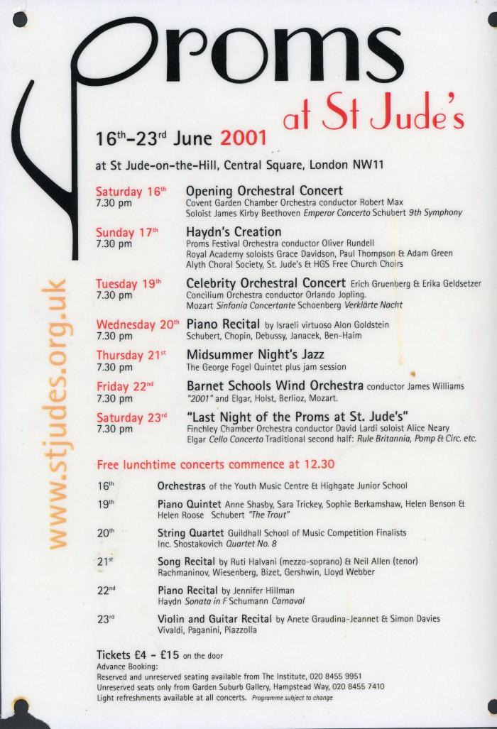2001 Concert list poster for the Proms at St Jude's