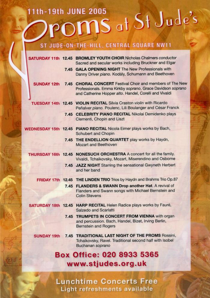 2005 Concert list poster for the Proms at St Jude's