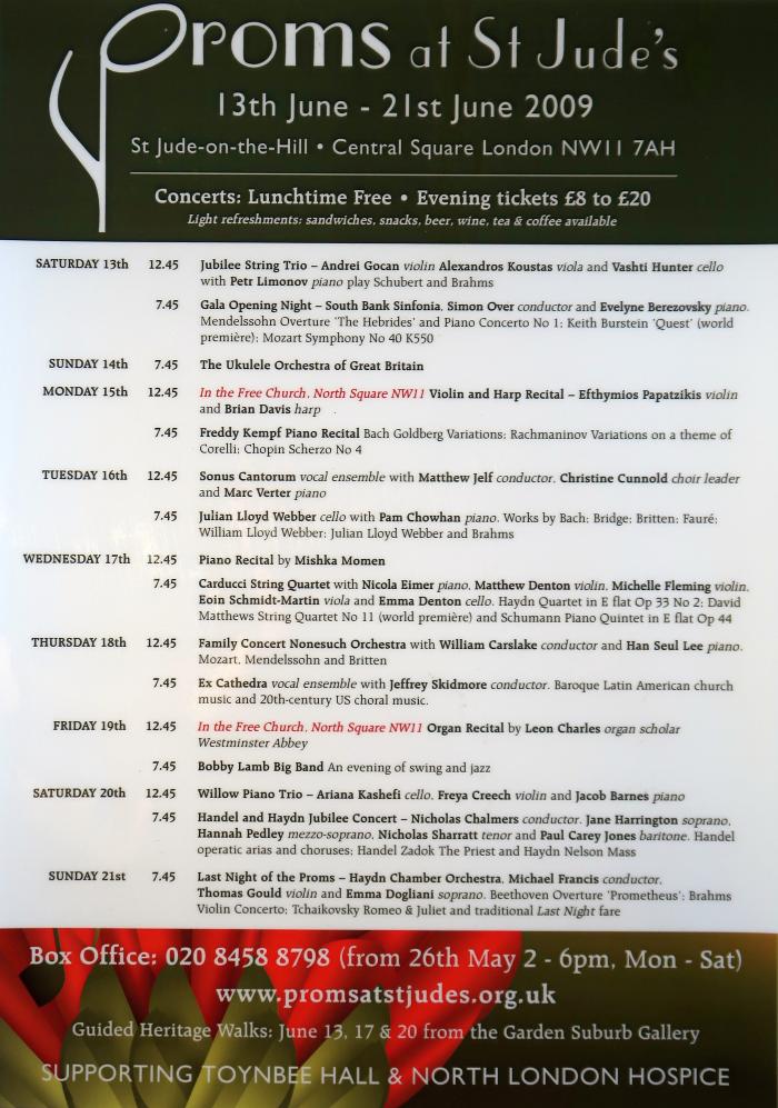 2009 Concert list poster for the Proms at St Jude's