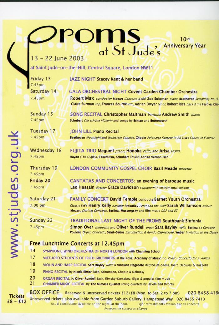 2003 Concert list poster for the Proms at St Jude's