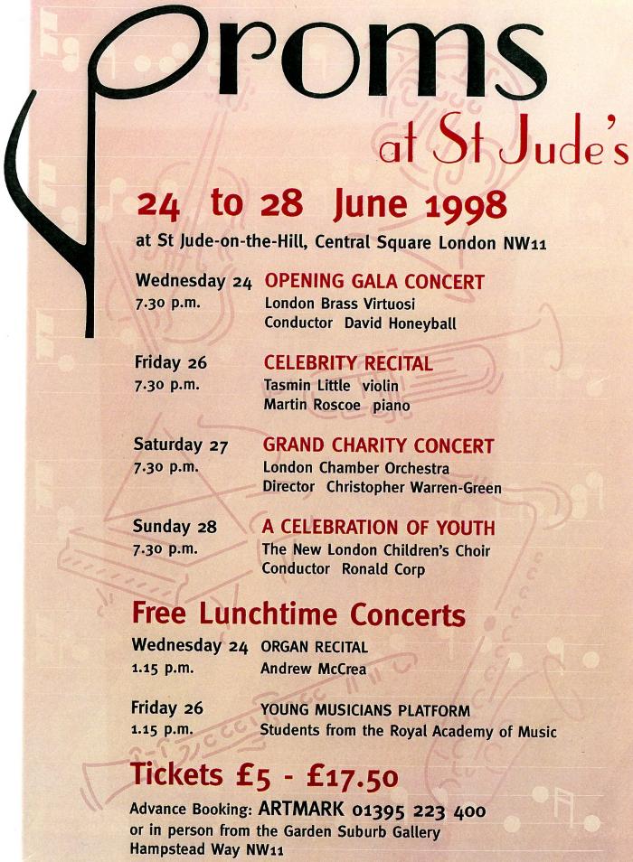 1998 Concert list poster for the Proms at St Jude's