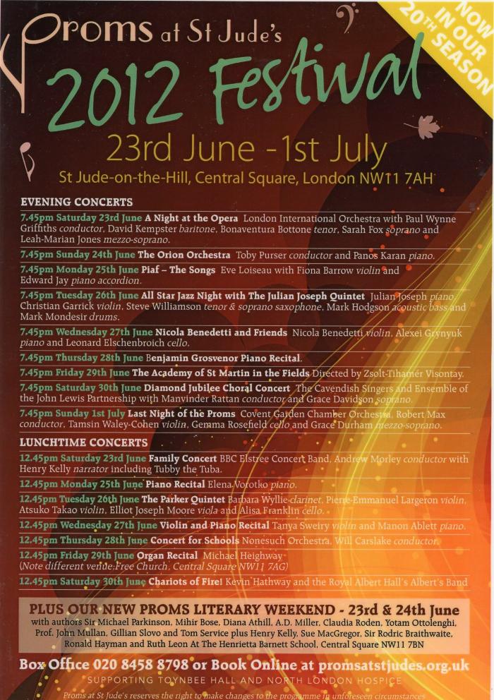 2012 Concert list poster for the Proms at St Jude's
