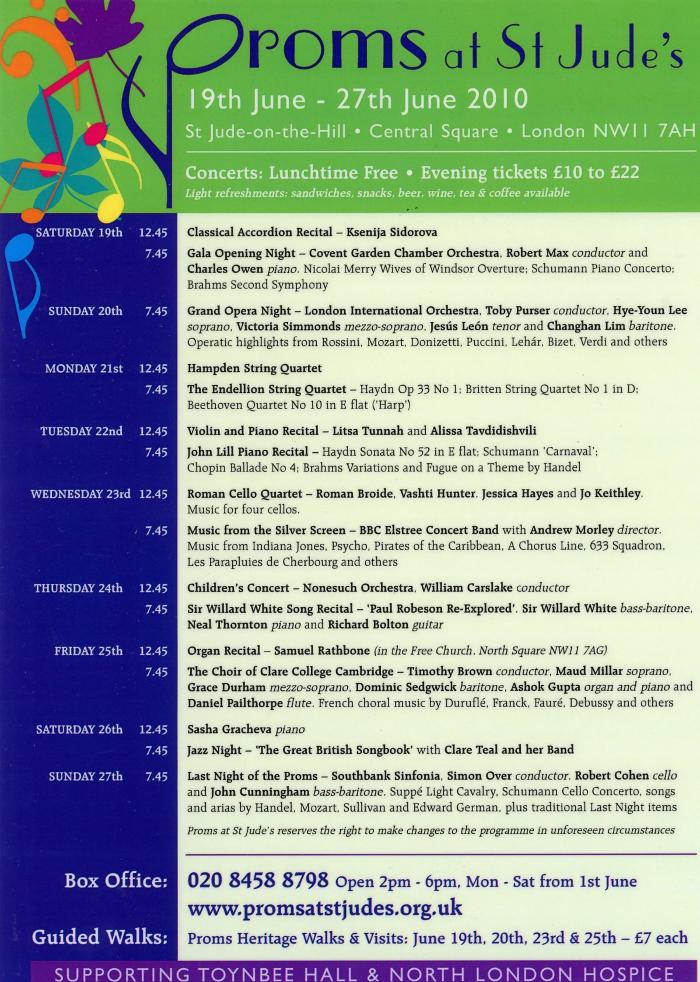 2010 Concert list poster for the Proms at St Jude's