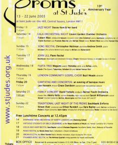 2003 Concert list poster for the Proms at St Jude's