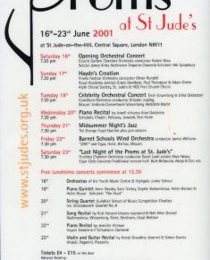 2001 Concert list poster for the Proms at St Jude's