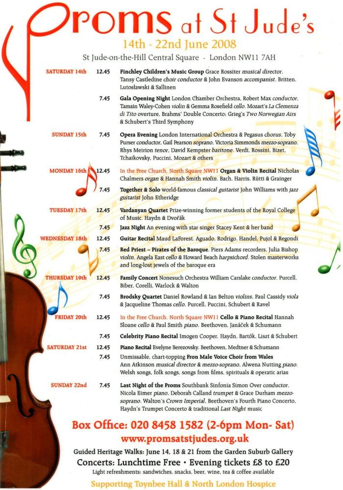 2008 Concert list poster for the Proms at St Jude's