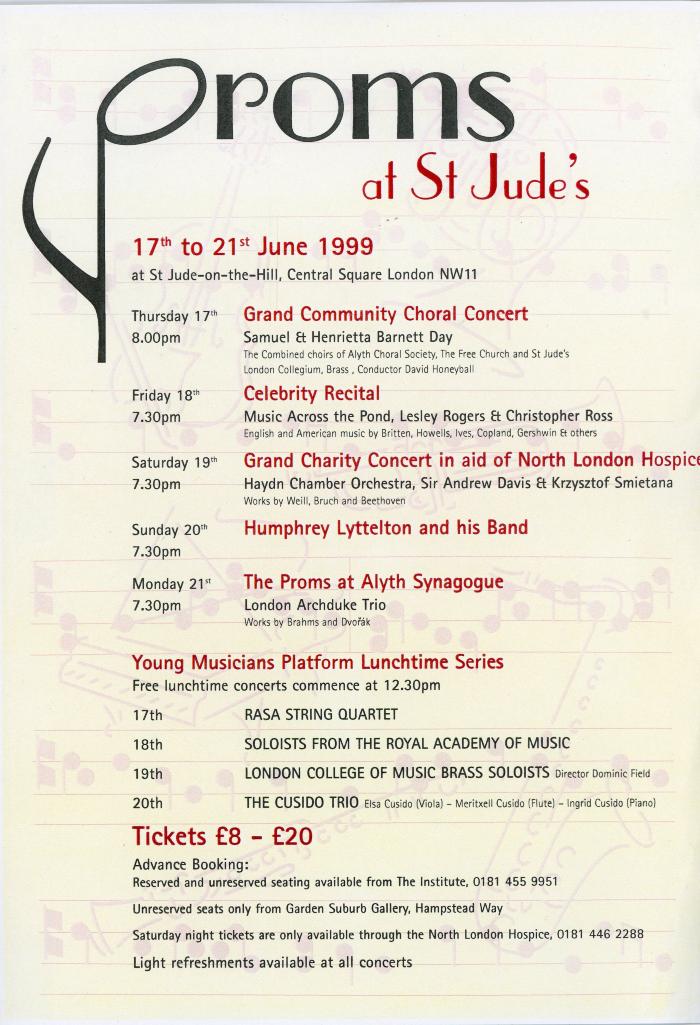1999 Concert list poster for the Proms at St Jude's