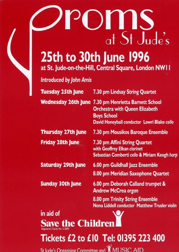1996 Concert list poster for the Proms at St Jude's