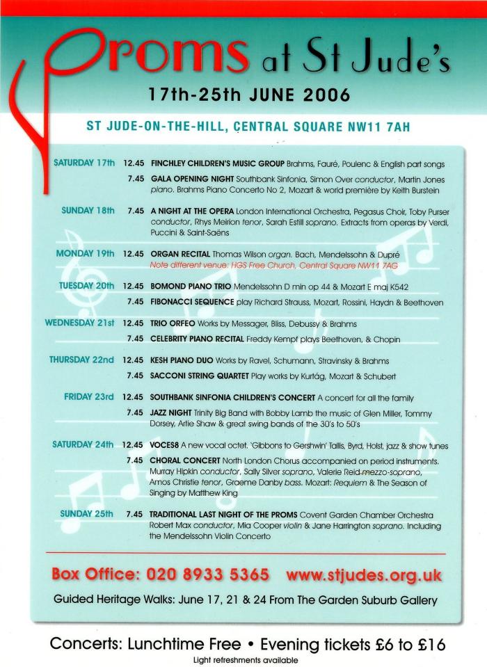 2006 Concert list poster for the Proms at St Jude's